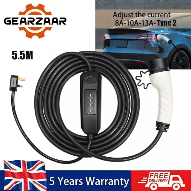 Electric EV Charging 5.5M Cable Type 2 UK Plug 3 Pin Vehicle Car Charger 13A New