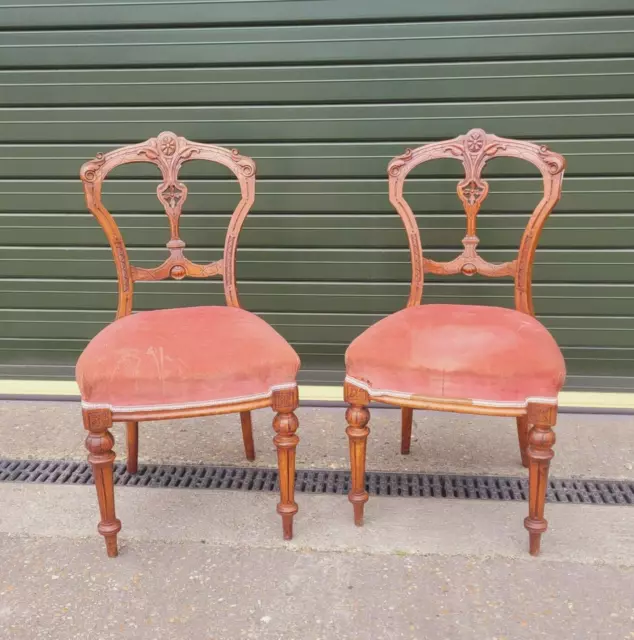 Pair of Antique Upholstered Chairs with nicely carved backrests - need attention