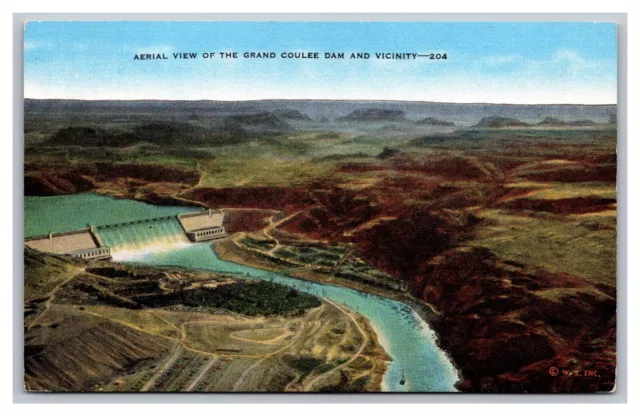 Grand Coulee Dam, WA Washington, & Vicinity Aerial View, Vintage Linen Postcard