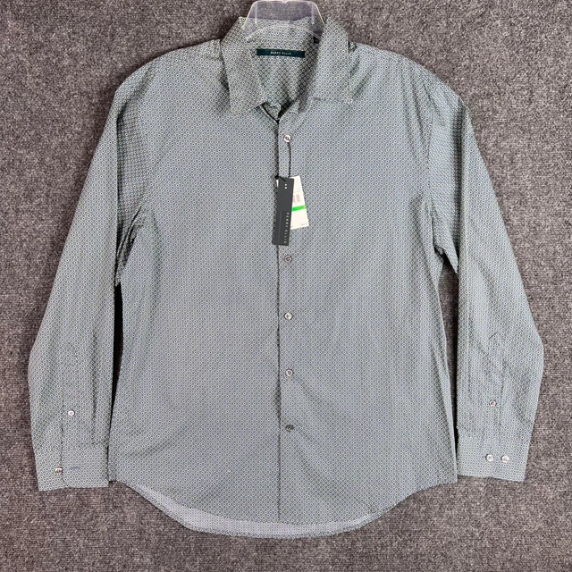 Perry Ellis Mens Shirt Long Sleeve Button Front Collared Polka Dot Grey Sz L NWT