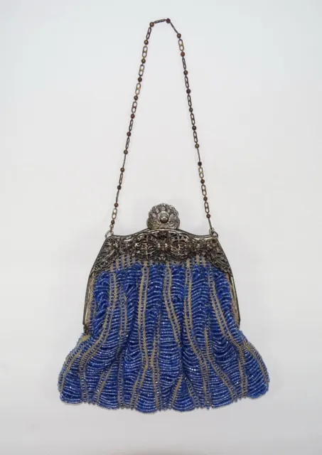 Antique Blue Glass Beaded Purse Bag Art Nouveau Ornate Silver Frame