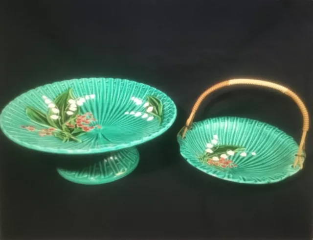 Majolica Lily of the Valley Footed Plate and Handled Dish