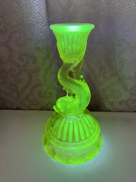 Vintage single Diving Dolphin Uranium Glass Opalescent Vaseline Candle Stick (h5