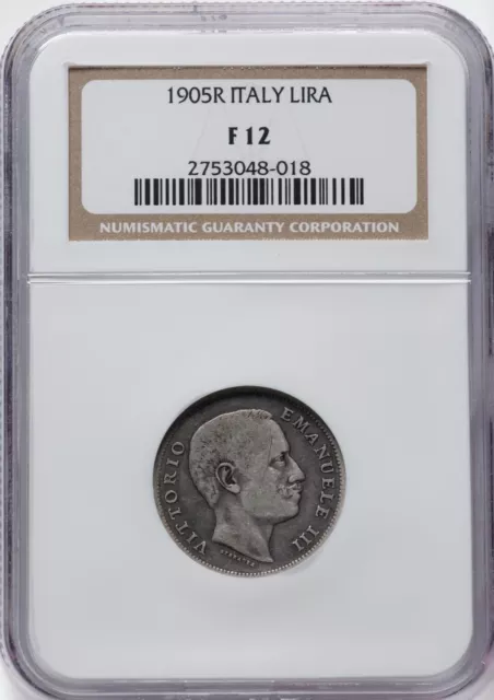 Italy Kingdom  1905-R 1 Lira Silver Coin, Scarce, Circulated, Ngc Certified F-12