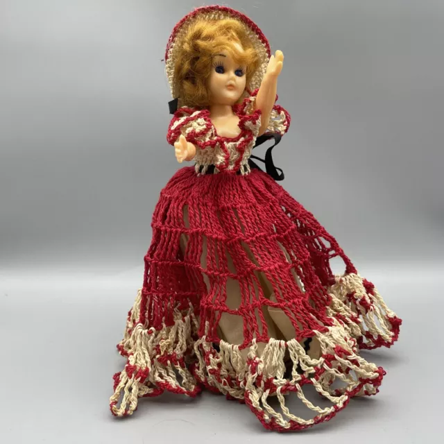 Vintage 8” Hard Plastic Doll w/Crocheted Red & White Dress & Hat