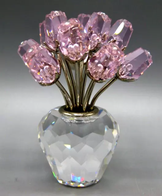 Vintage Swarovski Crystal Pink Rosebud Bouquet Vase Sculpture Figurine Swan Mark