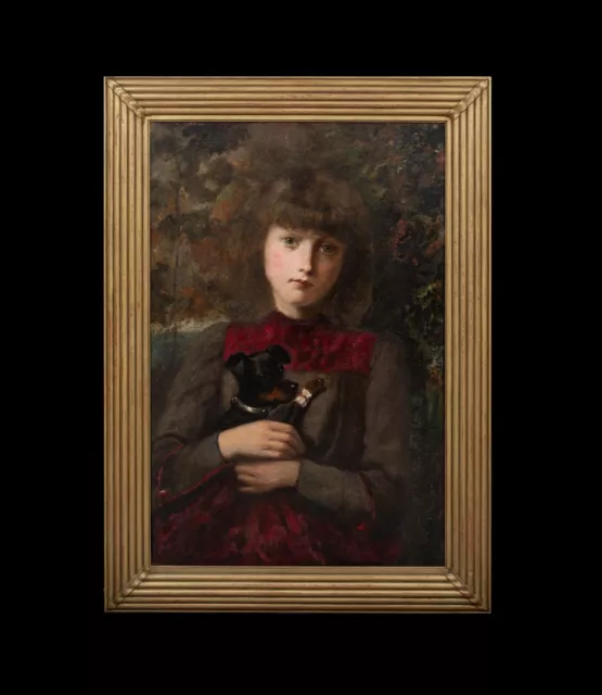 Large 19th Century English School Portrait Of A Young Girl & Injured Puppy Dog 3