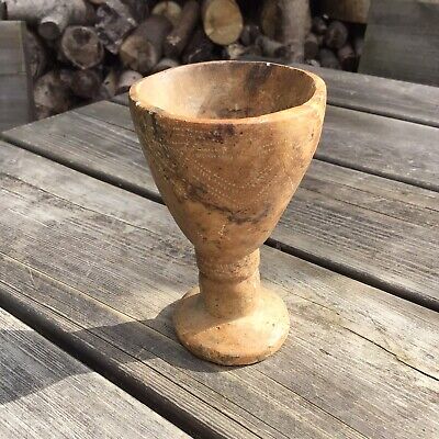 Old Vintage Antique Hand Carved Stone Goblet Wine Cup Geometric Pattern Design