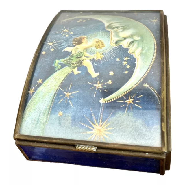 Vintage Via Vermont Ltd. Music Box Handcrafted Cherub Moon Glass Brass