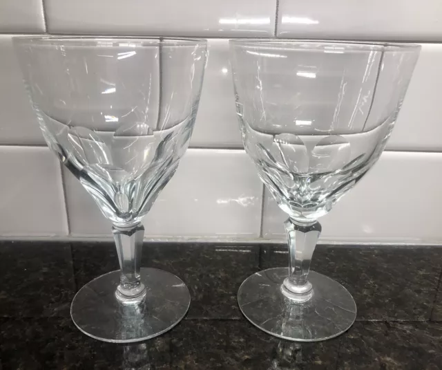 Vintage Thumbprint Crystal Wine Water Glass Stemware Goblet Clear Set of 2 MCM