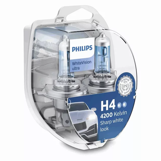 Philips WhiteVision Ultra Car Headlight Bulbs H4 (Twin Pack) New 12342WHVSM