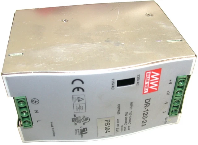 Mean Well Switching Power Supply Output: 24 volts, 5 amps, 120 watts DR-120-24