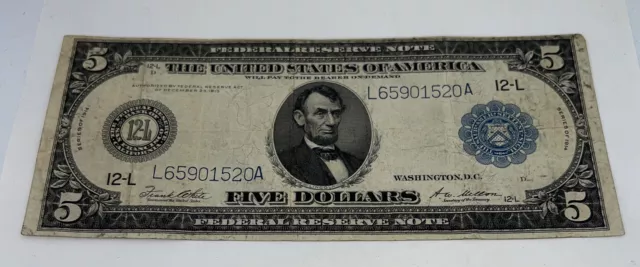 1914 US $5 Federal Reserve Blue Seal, Large Note, 12-L, San Francisco CA