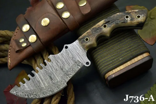 Custom Damascus Steel Tracker Hunting Knife Handmade,Rams Horn Handle (J736-A)