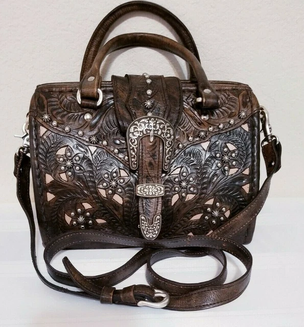 AMERICAN WEST Hand Tooled BROWN LEATHER DOCTOR BAG HANDBAG W/BUCKLE CROSSBODY AMERICAN WEST Hand Tooled BROWN LEATHER DOCTOR BAG HANDBAG W/BUCKLE CROSSBODY