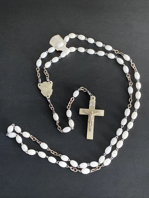 Chapelet Ancien En Argent Massif 925 Avec Boule Nacre & Croix Reliquaire - XIXe Siècle - Occasion