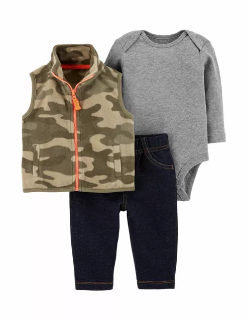 Carters Infant Boys Camo Baby Outfit Gray Bodysuit Camoflauge Vest & Pant Set 3M
