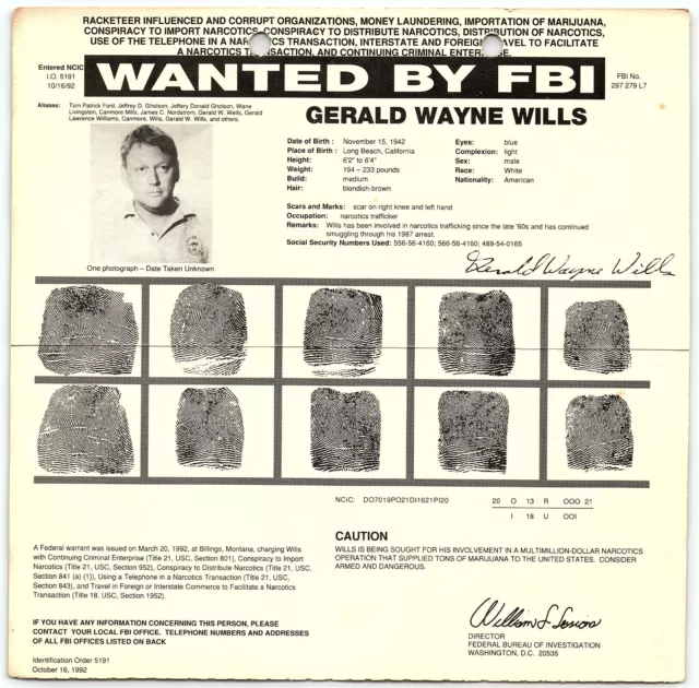 1992 Fbi Wanted Poster Gerald Wayne Wills Multimillion Narcotics Traffic Z4979