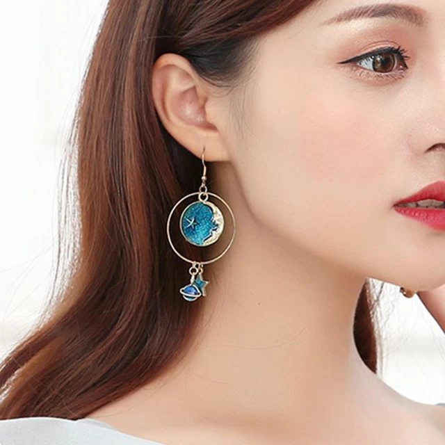 Elegant Moon Star Studs Dangle Drop Enamel Earrings Women Fahsion Jewelry
