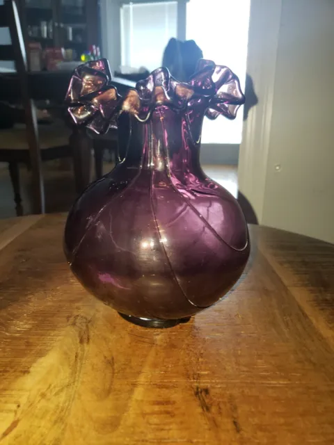 Vintage Fenton Glass Cranberry Bulbous Vase Swirl Wave Ruffled Stretch Edge