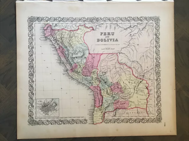 Antique Hand Colored Original Map Peru & Bolivia 1St Edition Colton Atlas1855