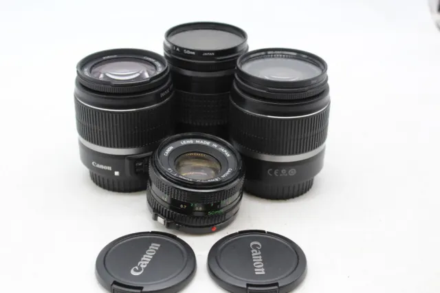 C x4 Vintage Camera Lenses Inc. Canon Lens 18-55mm, Canon Zoom 28-80mm etc