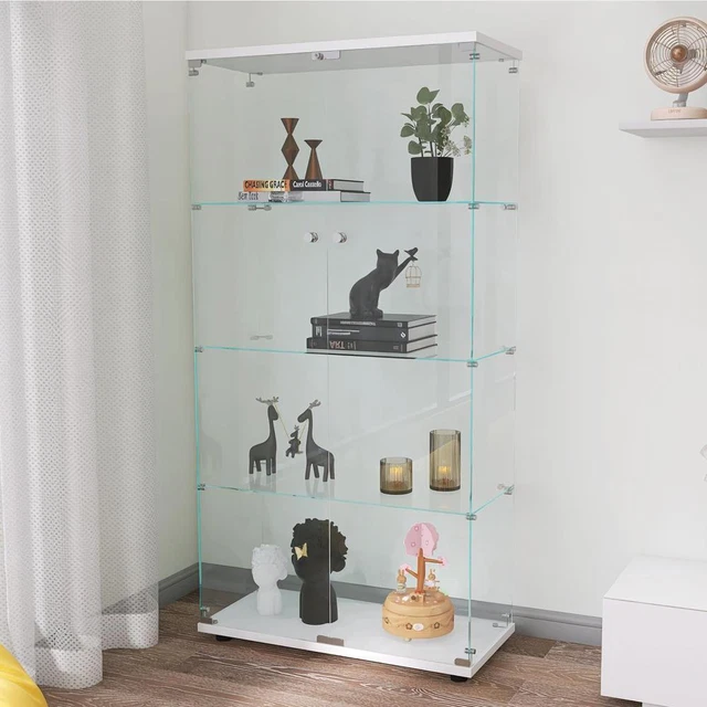 Two-door Glass Display Cabinet 4 Shelves Floor Standing Curio Bookshelf White
