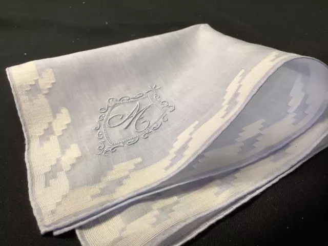 11041🌟Vintage Ladies Bridal BLUE Madeira Monogram “M” Wedding Handkerchief Heir