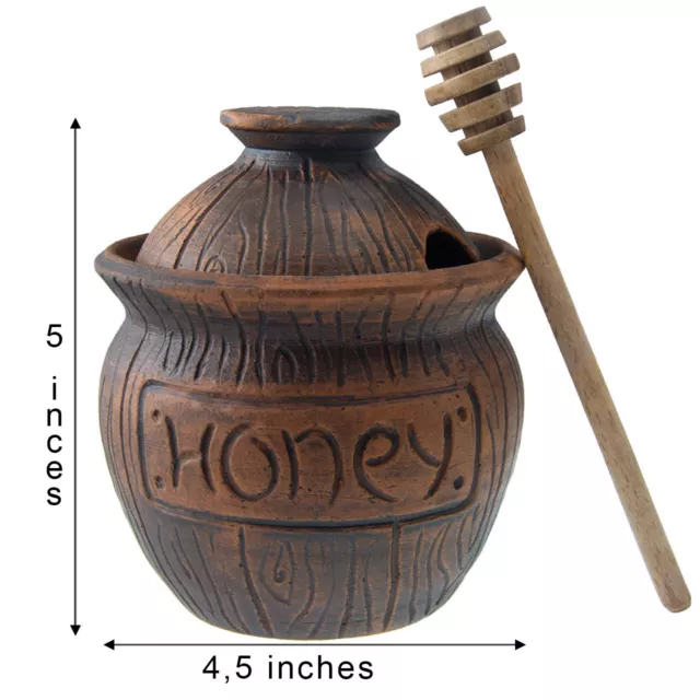 Honey Jar with a Dipper. Ceramic Honey Pot Made Out of Solid Clay Piece.
