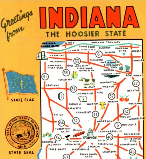 Vintage Postcard Indiana State Map The Hoosier State Cardinal Peony-Map39