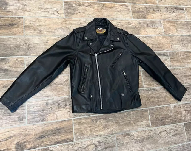 Harley-Davidson Men's VINTAGE Style Jet Black Leather Jacket Size 46 Tall RARE