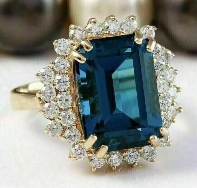 5Ct Emerald Cut Created London Blue Topaz Engagement Ring 14K Yellow Gold Plated
