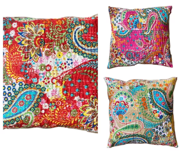 Paisley Floral Embroidered Cushion Cover with Kantha Stitch 100% Cotton Ethnic