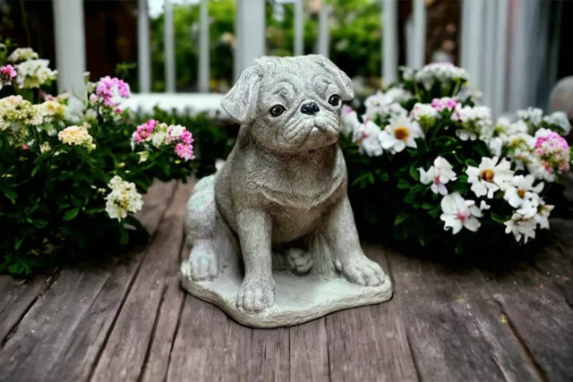 Concrete Pug Sitting On Base Figure Outdoor Dog Sculpture Stone Pet Memorial 11"