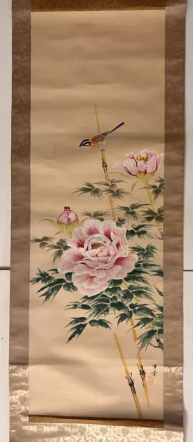 Antique Vertical Silk Scroll painting peonies and bird