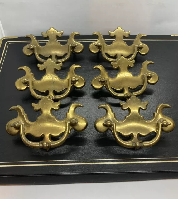 Vintage (6)  Brass Bat-Wing Chippendale Drawer Handles Drop Bale Pulls 3” Center