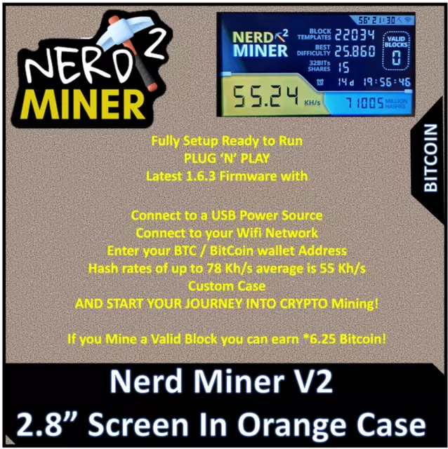 NerdMiner V2 Bitcoin BTC Lottery Miner 56K FW 1.6.3 Large screen ORANGE version