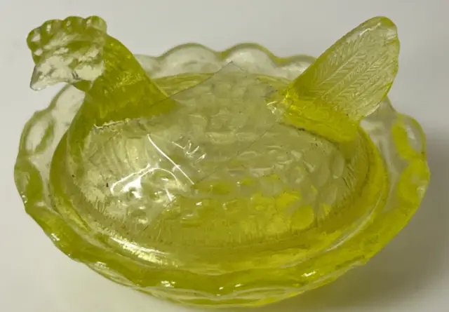 Vintage small Vaseline Glass yellow Hen on Basket Figurine, 2 1/4" tall