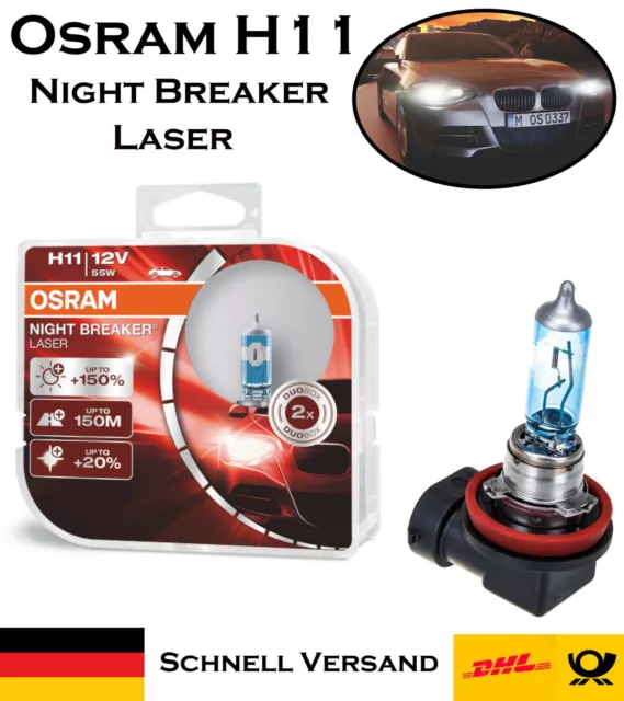OSRAM NIGHT BREAKER LASER H11, +150% mehr Helligkeit,  Halogen-Scheinwerferlampe, 64211NL-HCB, 12V PKW, Duo Box (2 Lampen) :  : Auto & Motorrad