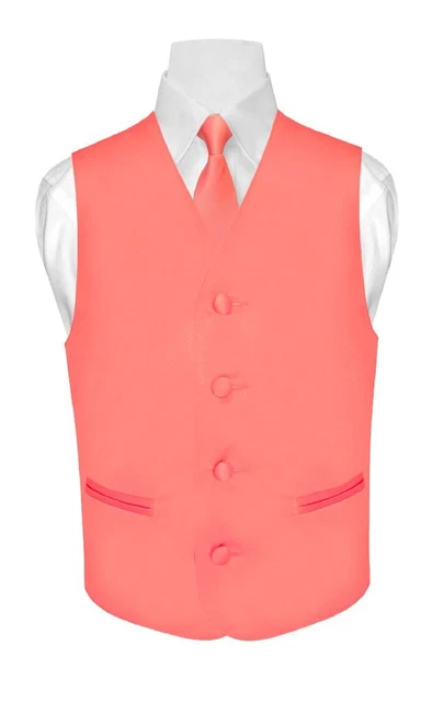 BOY'S Dress Vest & NeckTie Solid CORAL PINK Color Neck Tie Set for Suit sz 4
