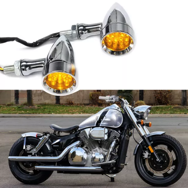 2PCS LED Chrome Bullet Turn Signal Indicators Chopper Bobber Cruiser Amber Lamps