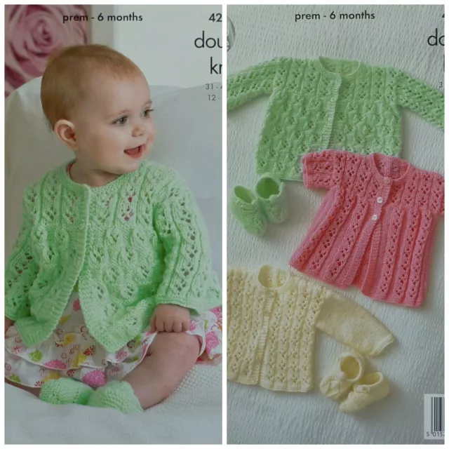 KNITTING PATTERN Baby Lacy Matinee Cardigans & Shoes DK King Cole 4214