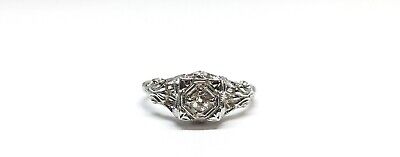 Antique 18k White Gold Filigree Old Mine Cut Diamond Art Deco Engagement Ring