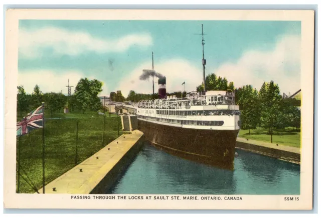 c1940's Passing Through The Locks at Sault Ste. Marie Ontario Canada Postcard