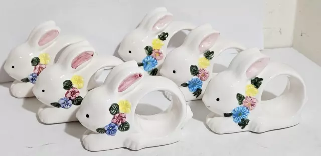 Ceramic Bunny Rabbit Napkin Rings Holders Easter Spring Set of 6