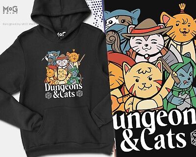 Dungeon & Cats Funny Hoodie Cat Joke Gaming Gamer Retro Kids Adult Hoody Jumper