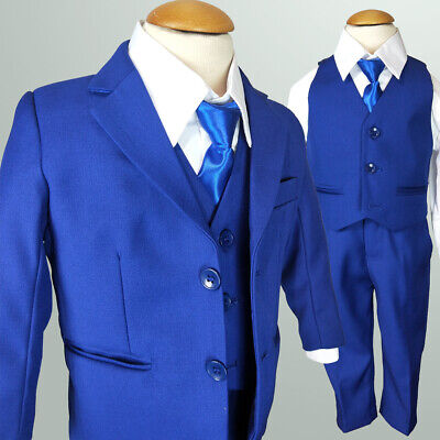 4 PC Boys Formal Wedding Blue Jacket Vest Suit Size 1-19 Optional Colour Shirt