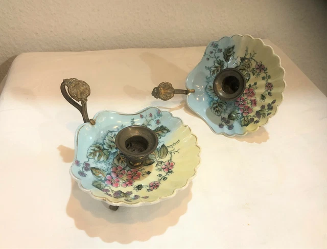 Paire de bougeoir à main Rat de cave en porcelaine et laiton 19 eme XIX Coquille