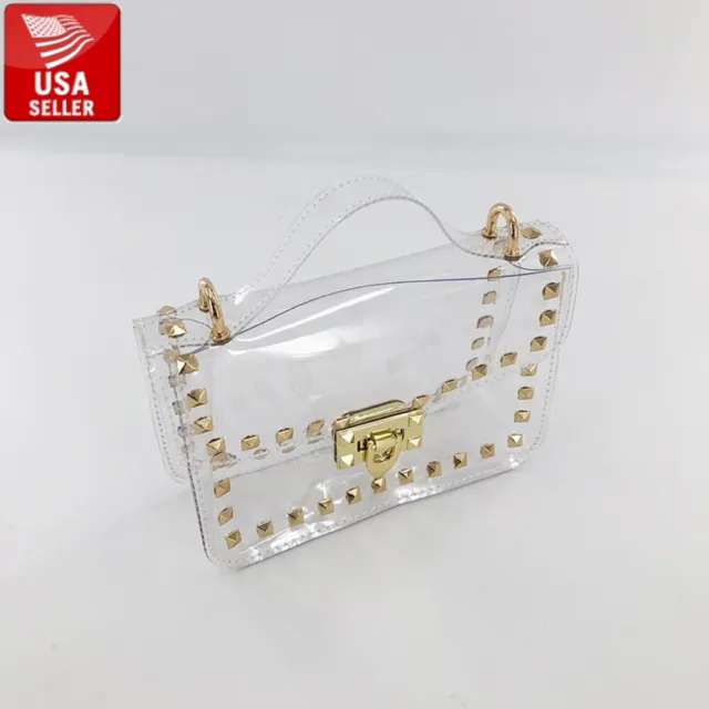 Beautiful Transparent PVC Clear Shoulder bag with Gold Studs and Removable Strap