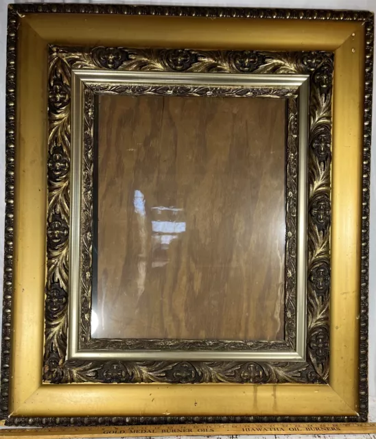 LARGE ANTIQUE WOOD CRAVED PICTURE FRAME PHOTO GOLD 33x29 20x16 ART DECO VTG